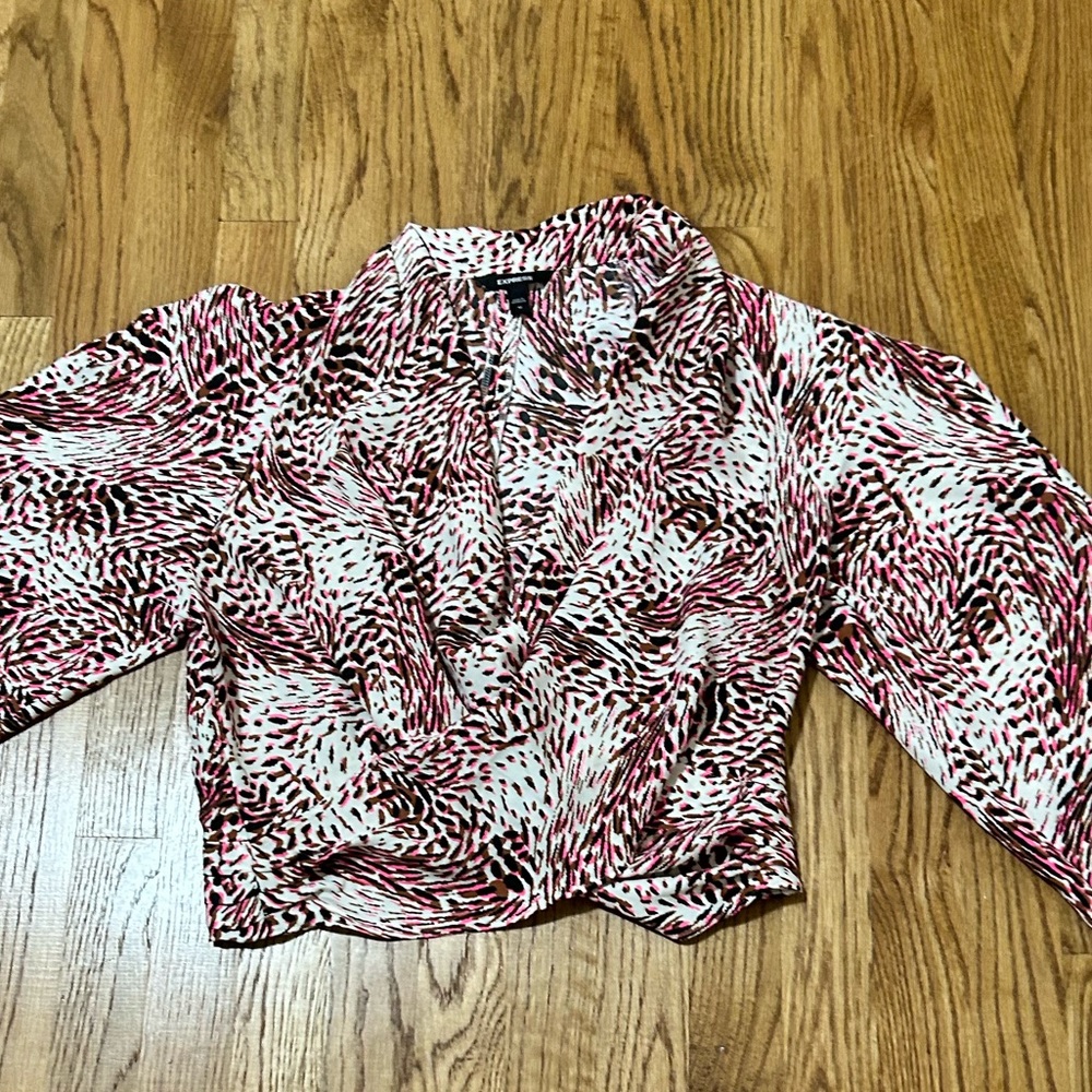 Faux Front Wrap Pink, Brown, Black Print Top (Medium)